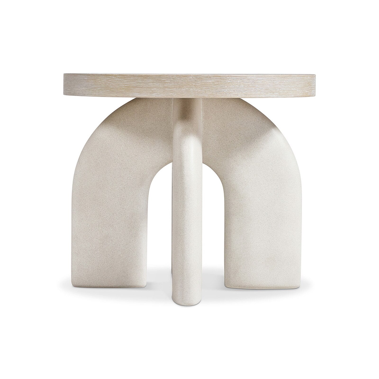 Antibes side table with sculptural arched concrete base in Pumice finish and rustic wood top