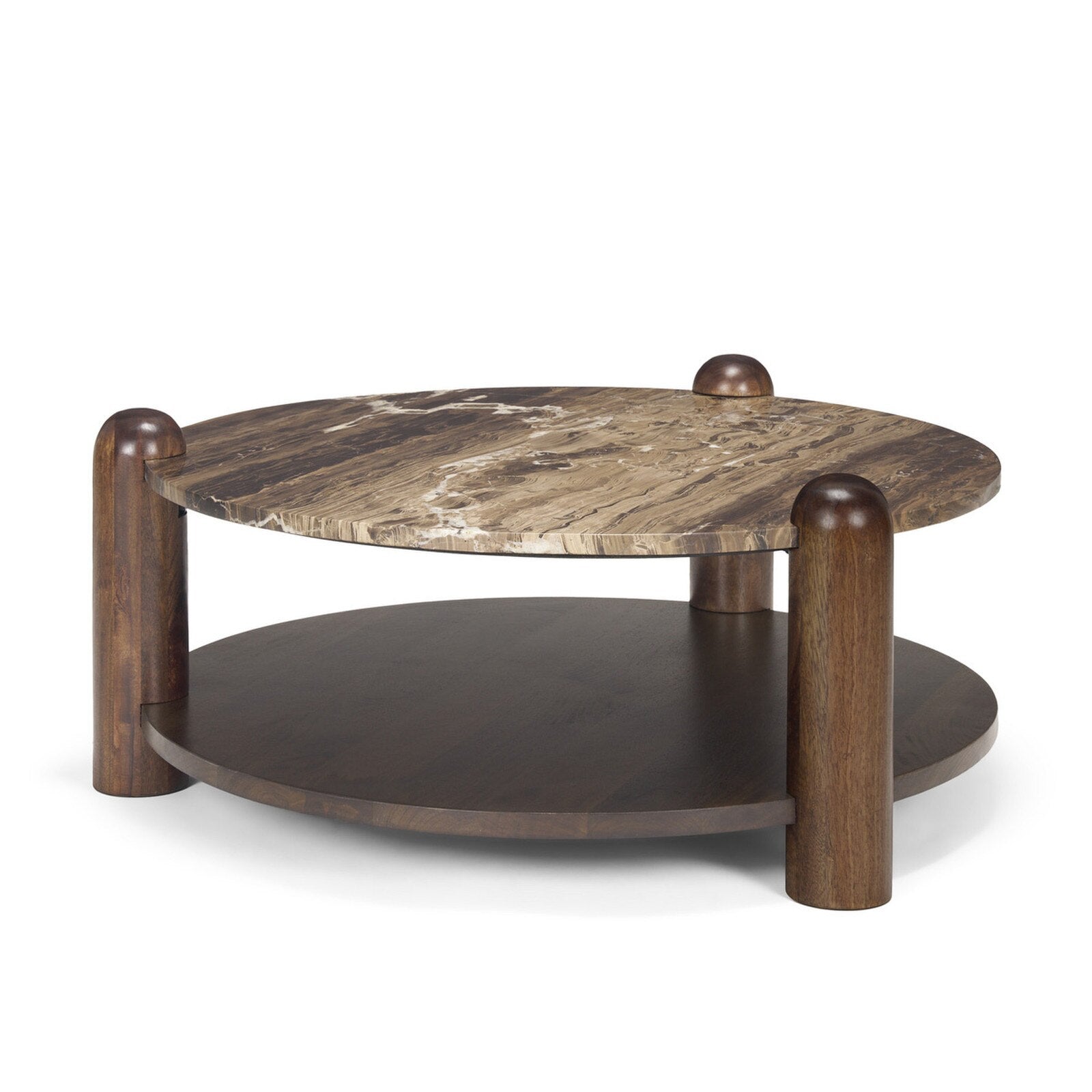 Jovia round coffee table with mango wood pillar legs and cappuccino marble top