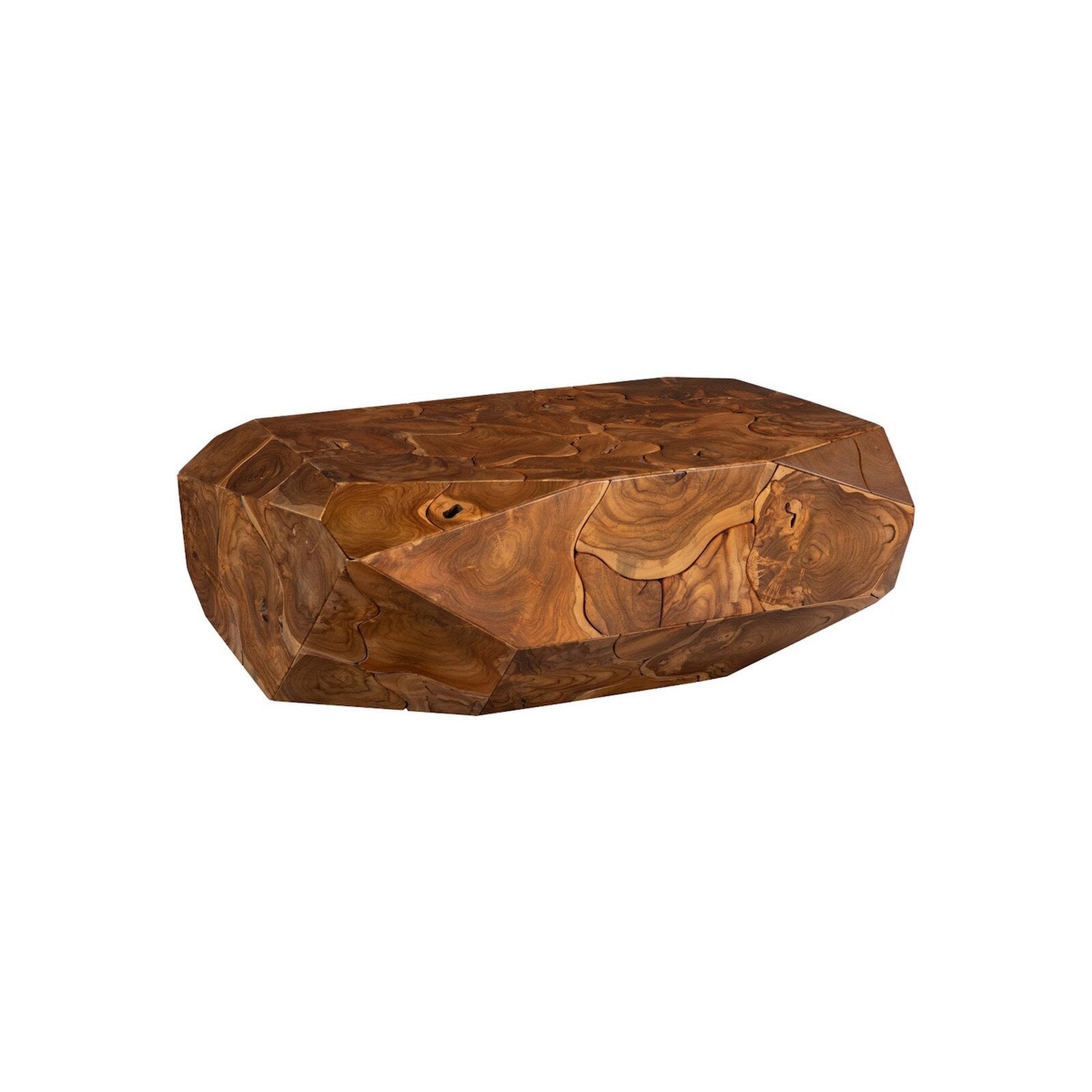 Prism Coffee Table in natural teak, faceted geometric form
