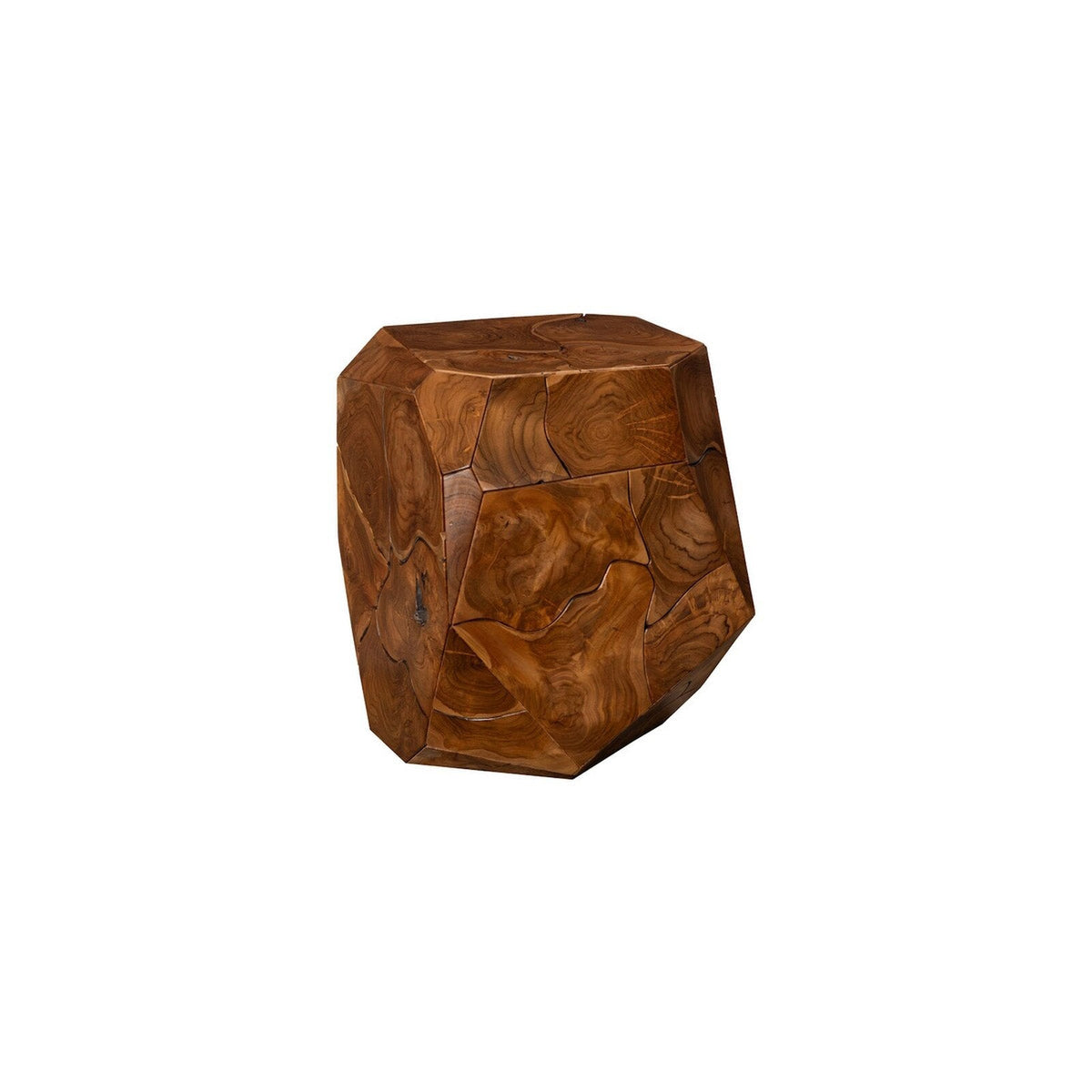 Prism Side Table in natural teak, faceted geometric silhouette