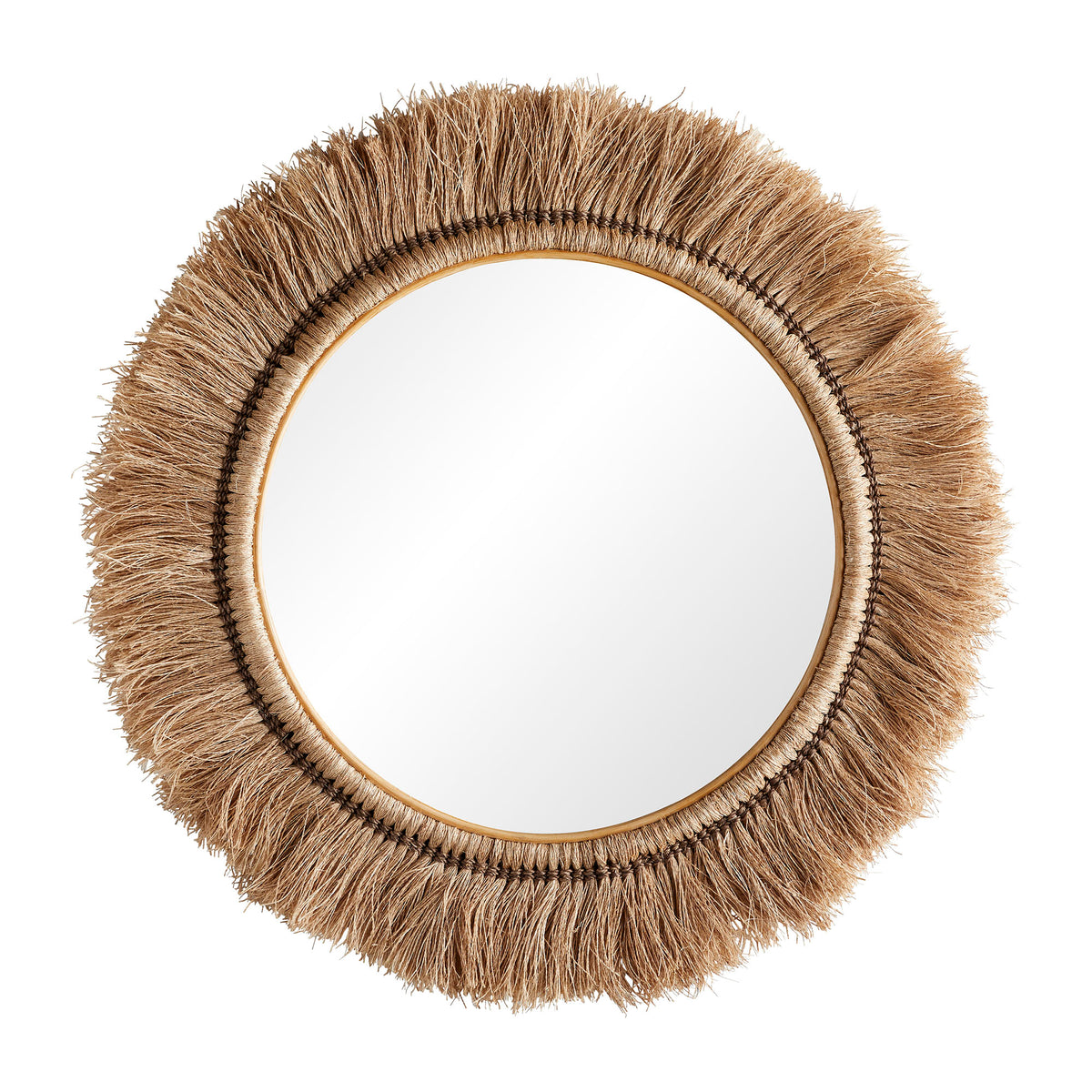 Saffi round mirror wrapped in natural abaca fiber fringe