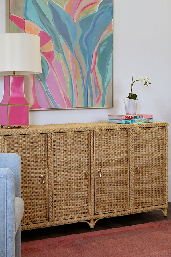 Saybrook Braided Rattan Sideboard styled in a dining room