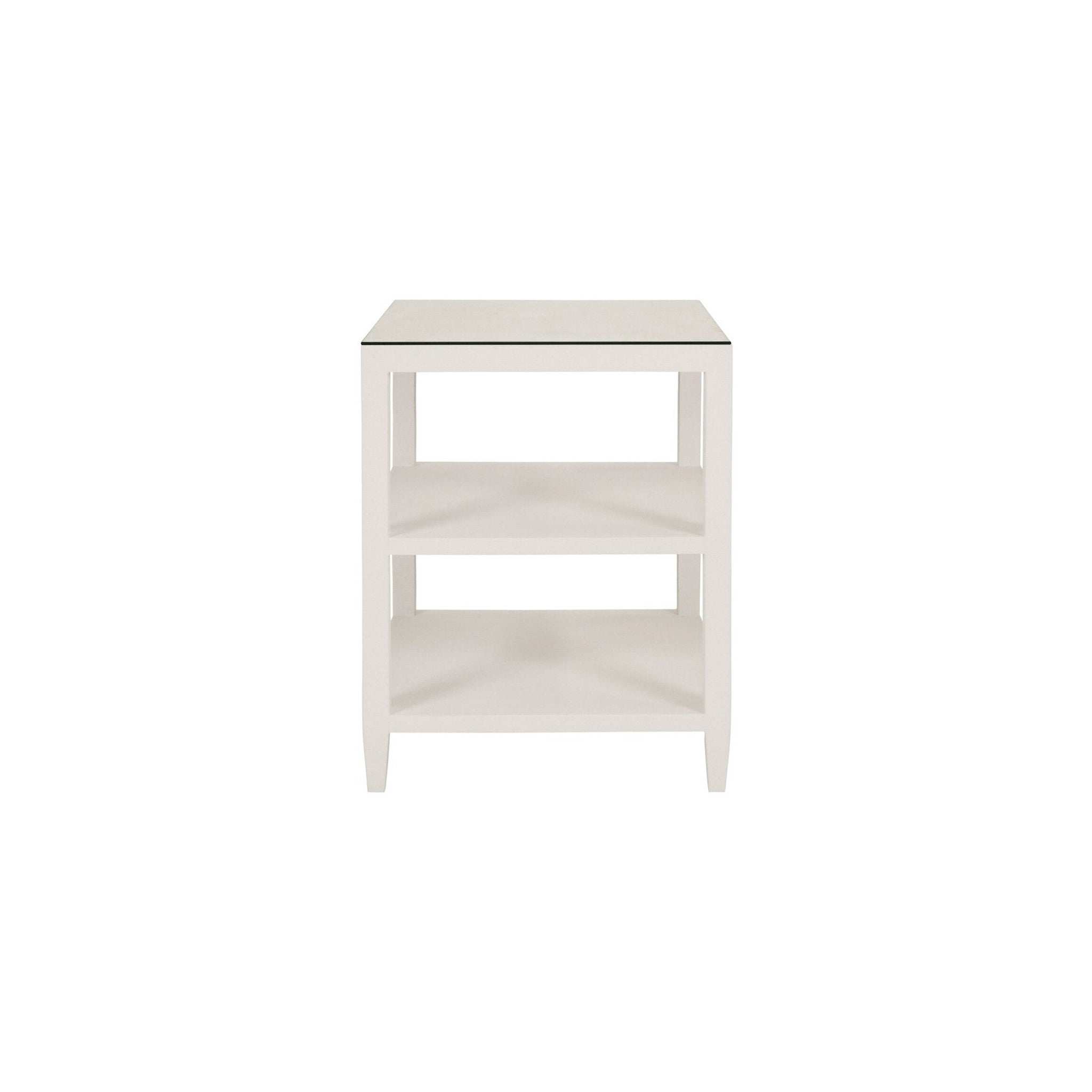 Amie 3-Tier Linen Side Table with Glass Top in cream — Rachel Blindauer