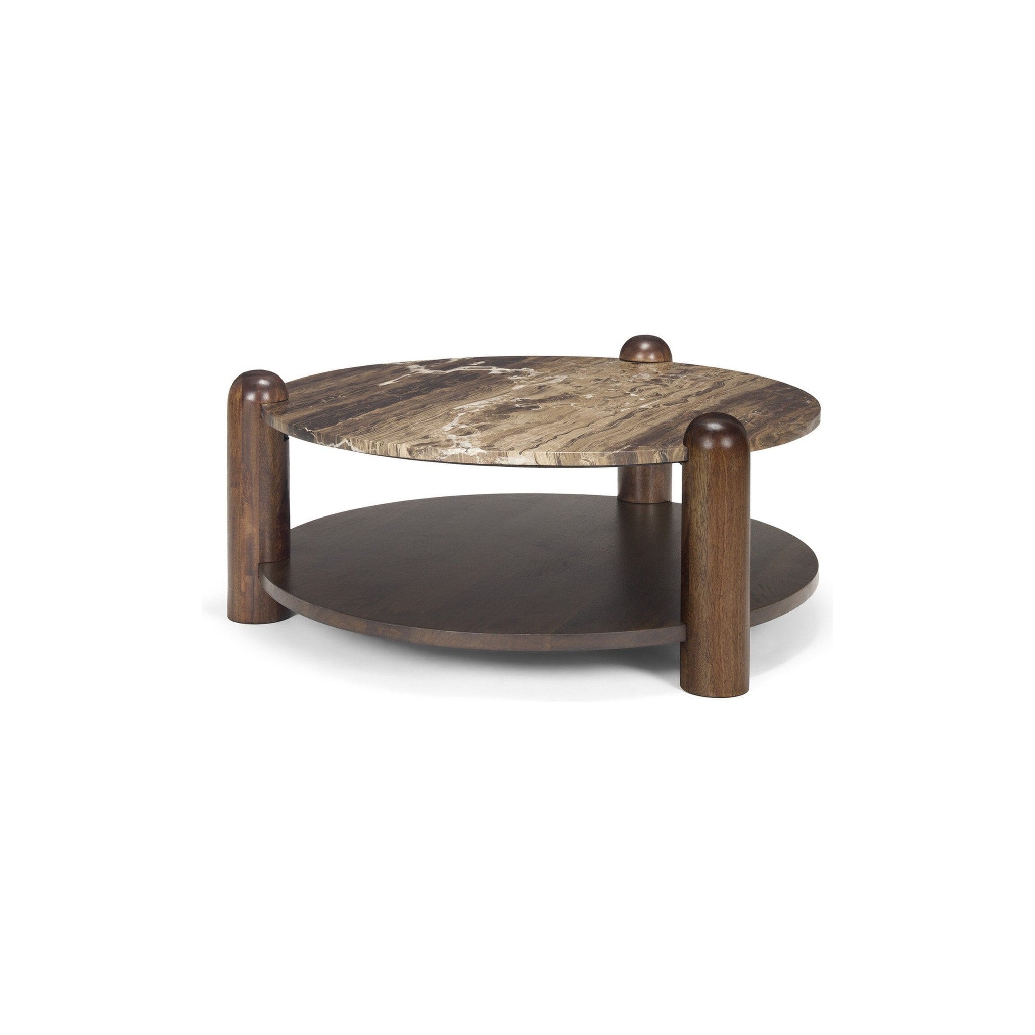 Jovia Round Coffee Table in mango wood and cappuccino marble — Rachel Blindauer