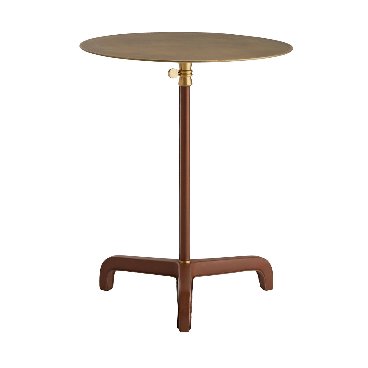 Sellier drink table with cognac leather-wrapped stem and brass top