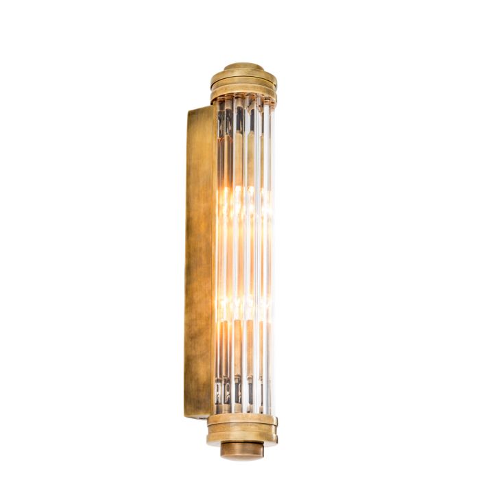 Fluted glass wall sconce in vintage brass, S size, lit