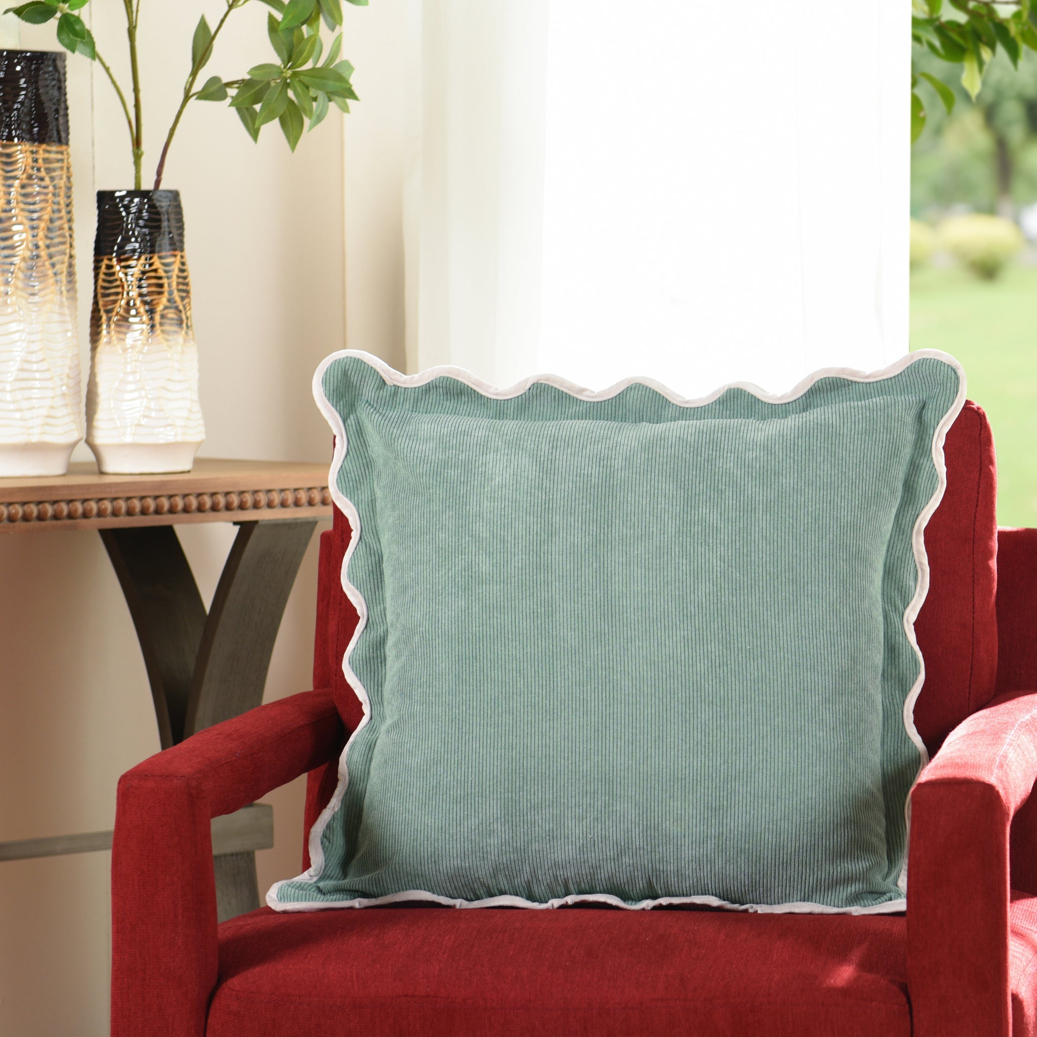 Celadon Corduroy Scalloped Pillow detail