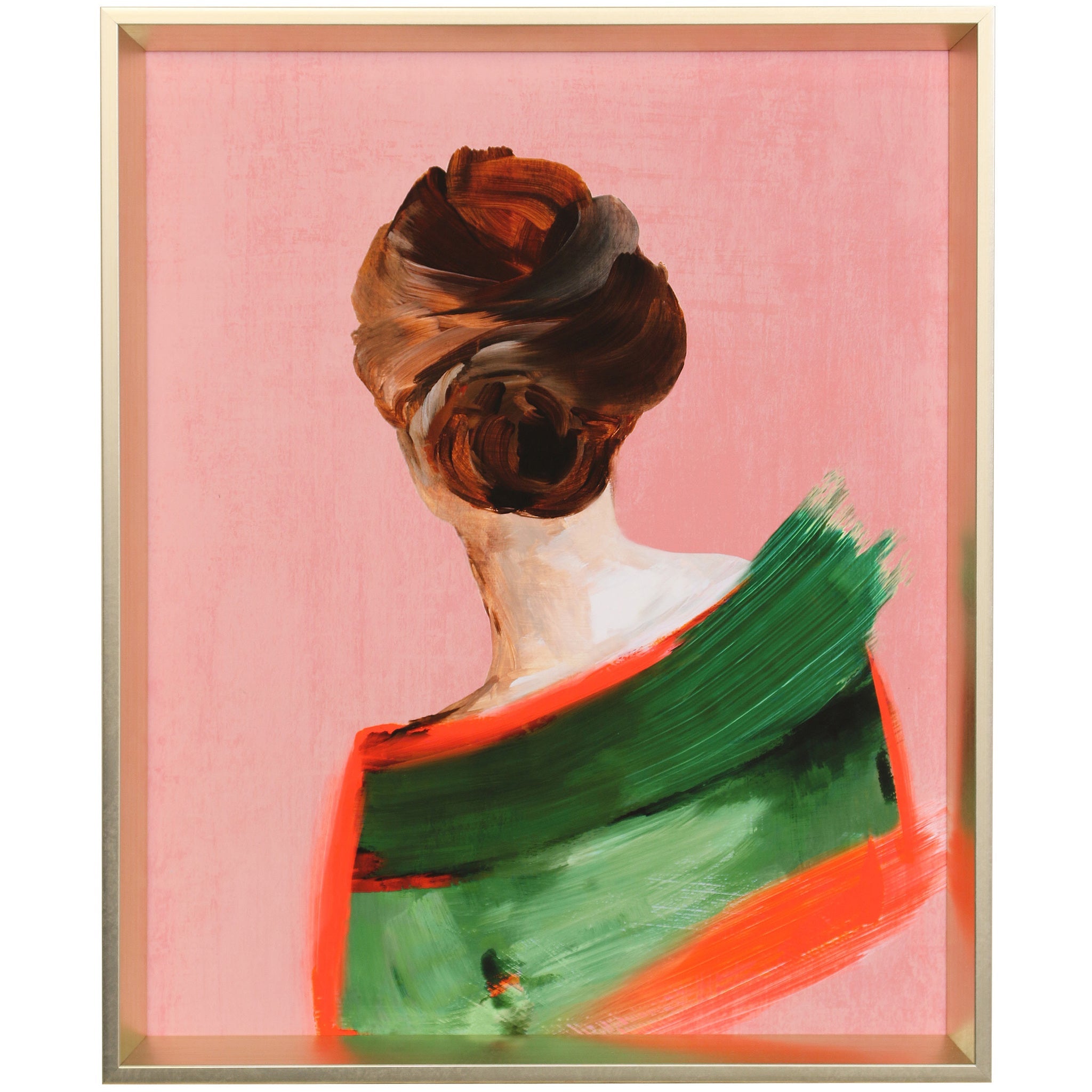 Backwards Glance II framed print — figure seen from behind with brown updo and green and orange sash on a blush ground in a gold float frame