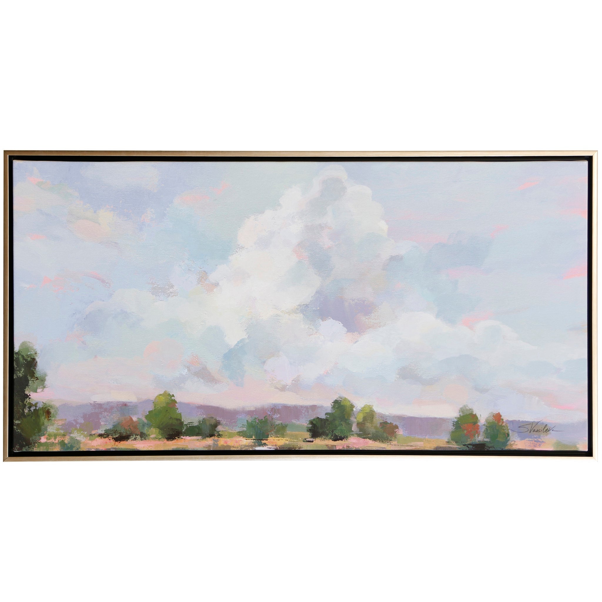 Wide Sky framed canvas — wide pastel cloudscape over a low treeline in a gold float frame