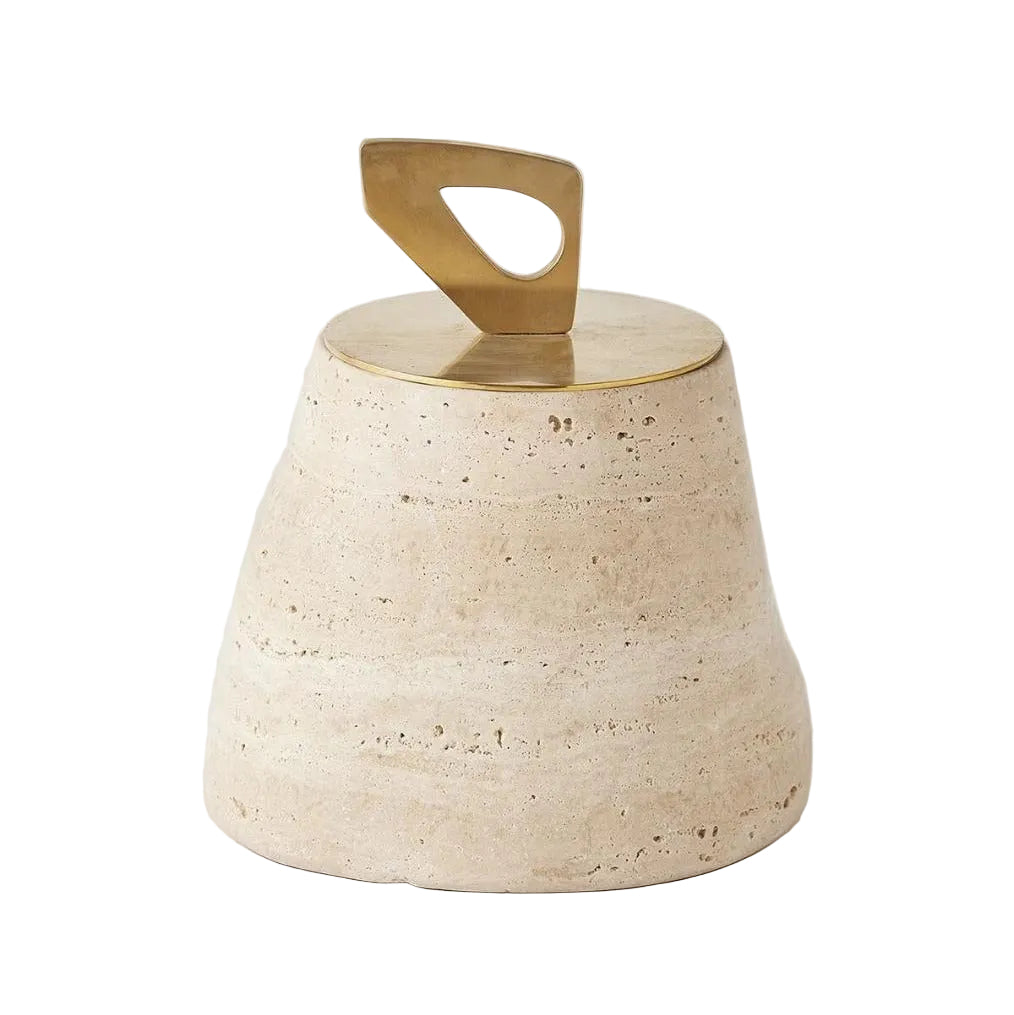 Vessel Form Lidded Jar, large natural stone jar with a geometric brass handle