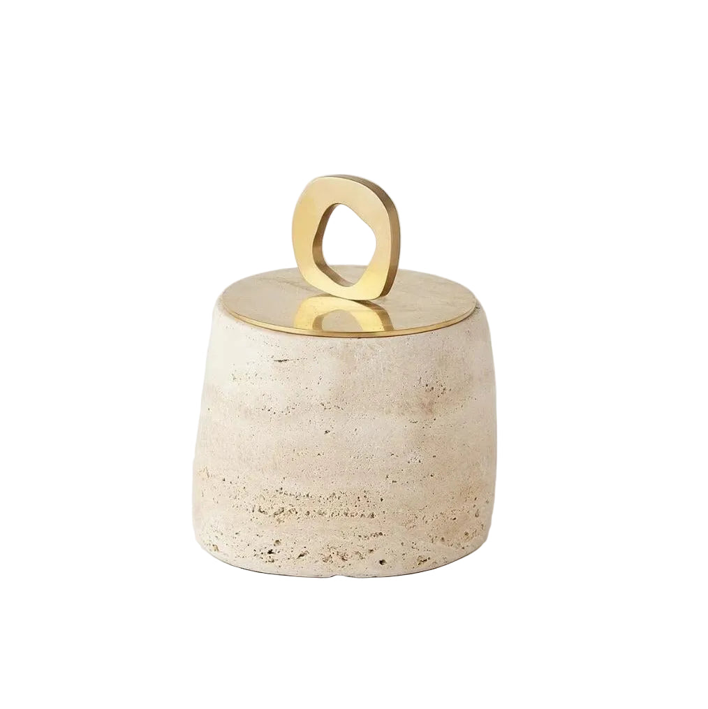 Vessel Form Lidded Jar, medium natural stone jar with a rounded brass loop handle