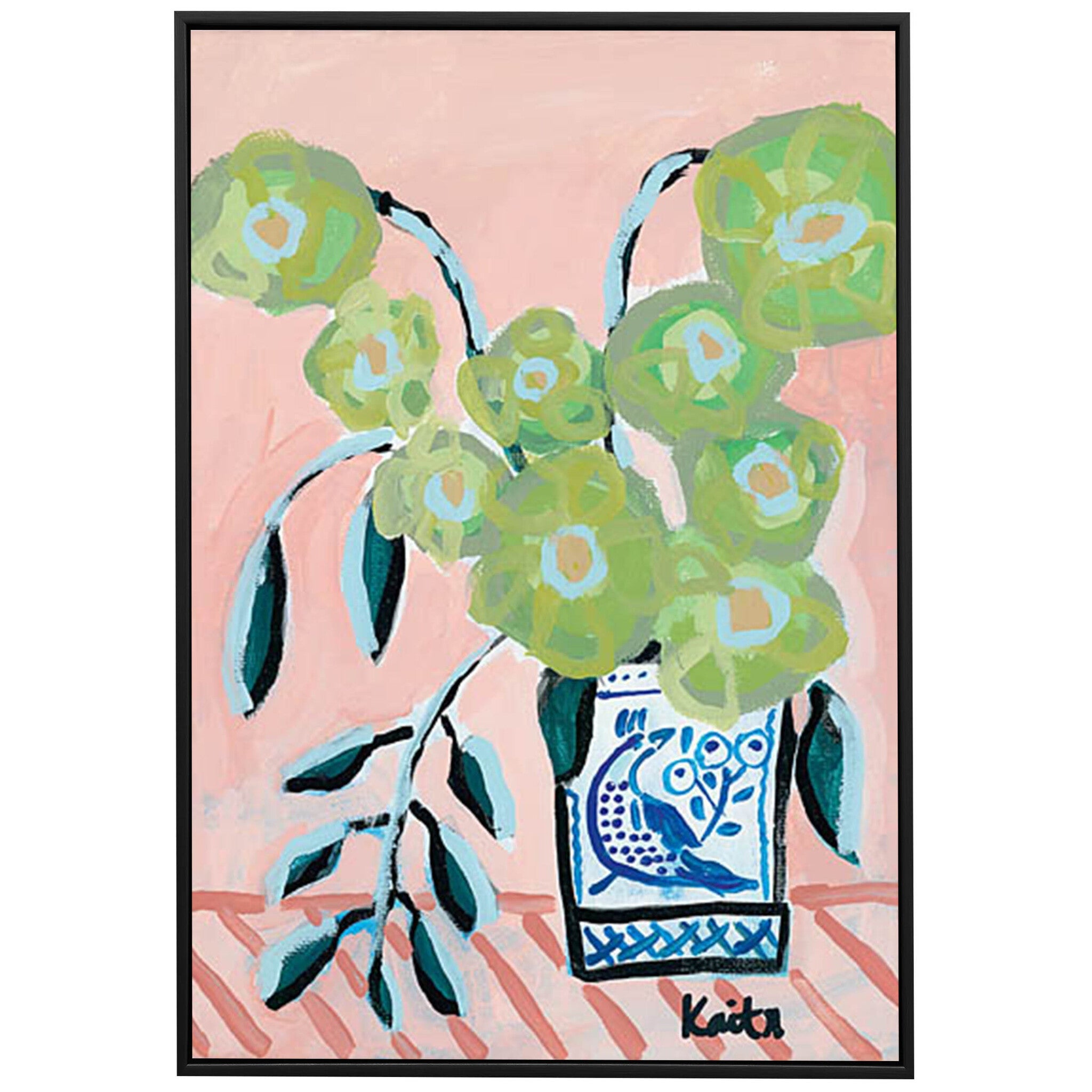Spring Green framed canvas — loose green and chartreuse florals in a blue-and-white ginger jar on a blush ground in a black float frame