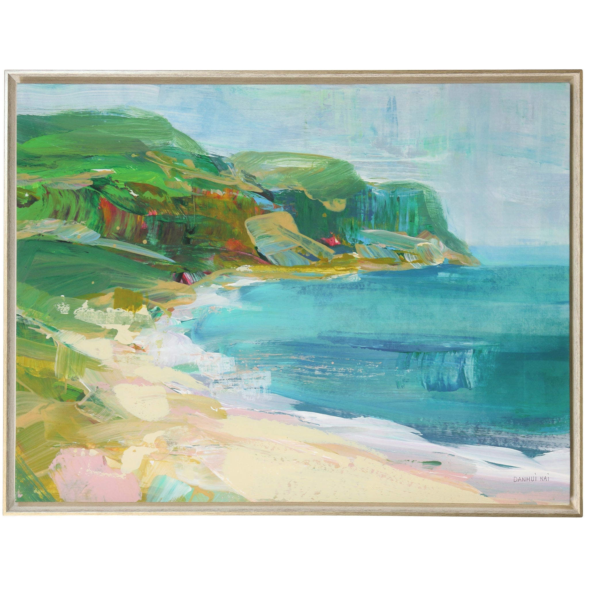 Painterly Beach framed and embellished canvas — coastal cove with green cliffs and turquoise water in a champagne-silver frame