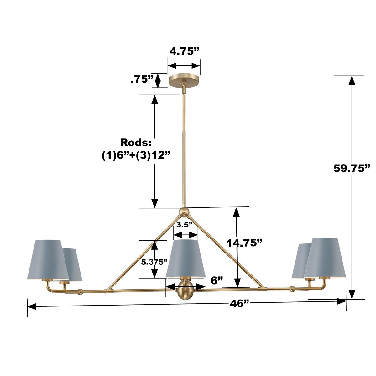 Hollis 6-Light Gold Chandelier - Blue shade angle